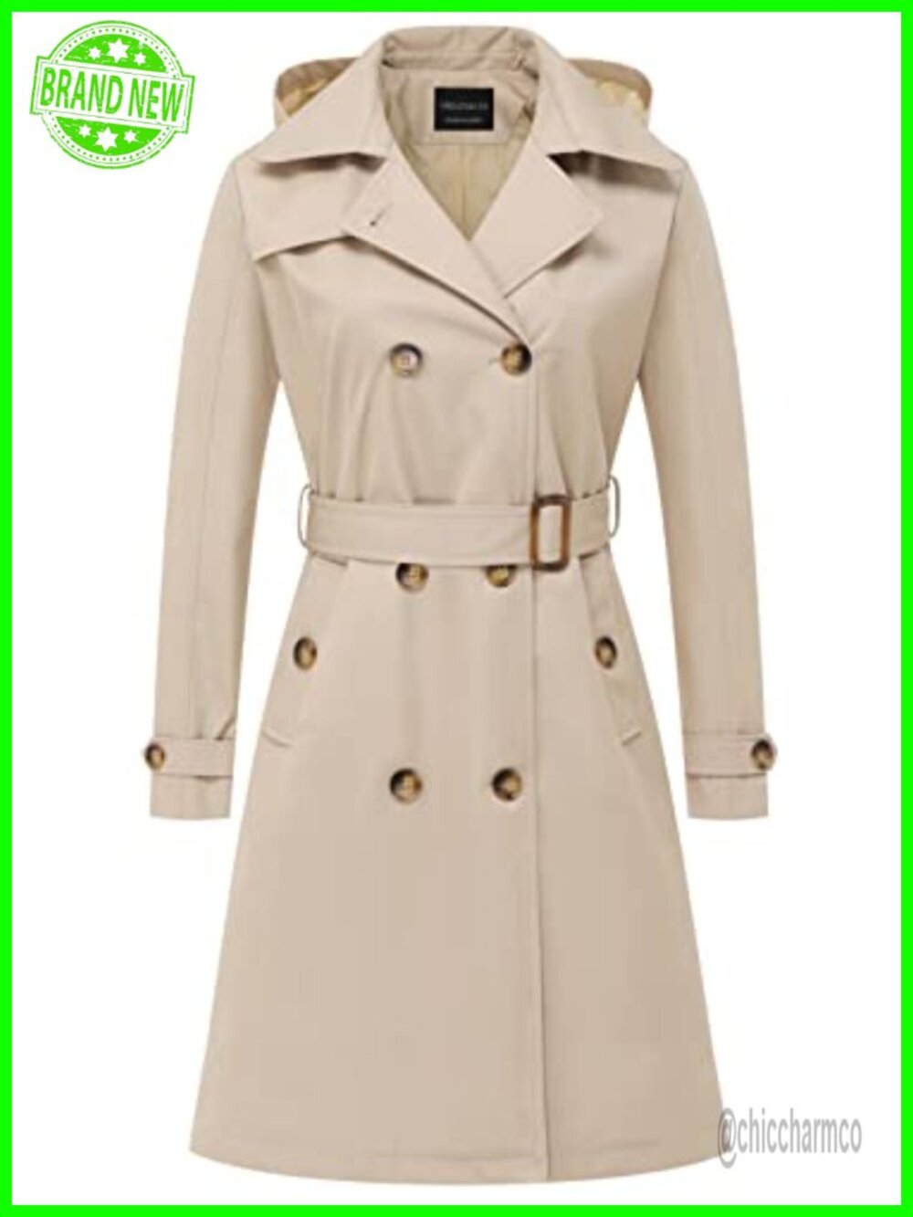 Women's Long Trench Coat Double-Breasted Lapel Overcoat Belted Detachable Hood